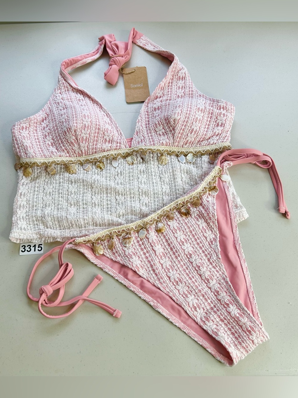 Samiol Tankini Bikini Set XL Pink Crochet Lace Shell New Halter Swimsuit